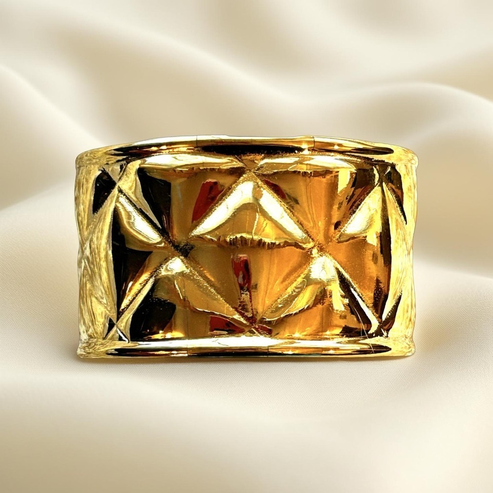 CHANEL Matelasse CC Logo 24K Gold Plated Wide Cuff Statement Bracelet